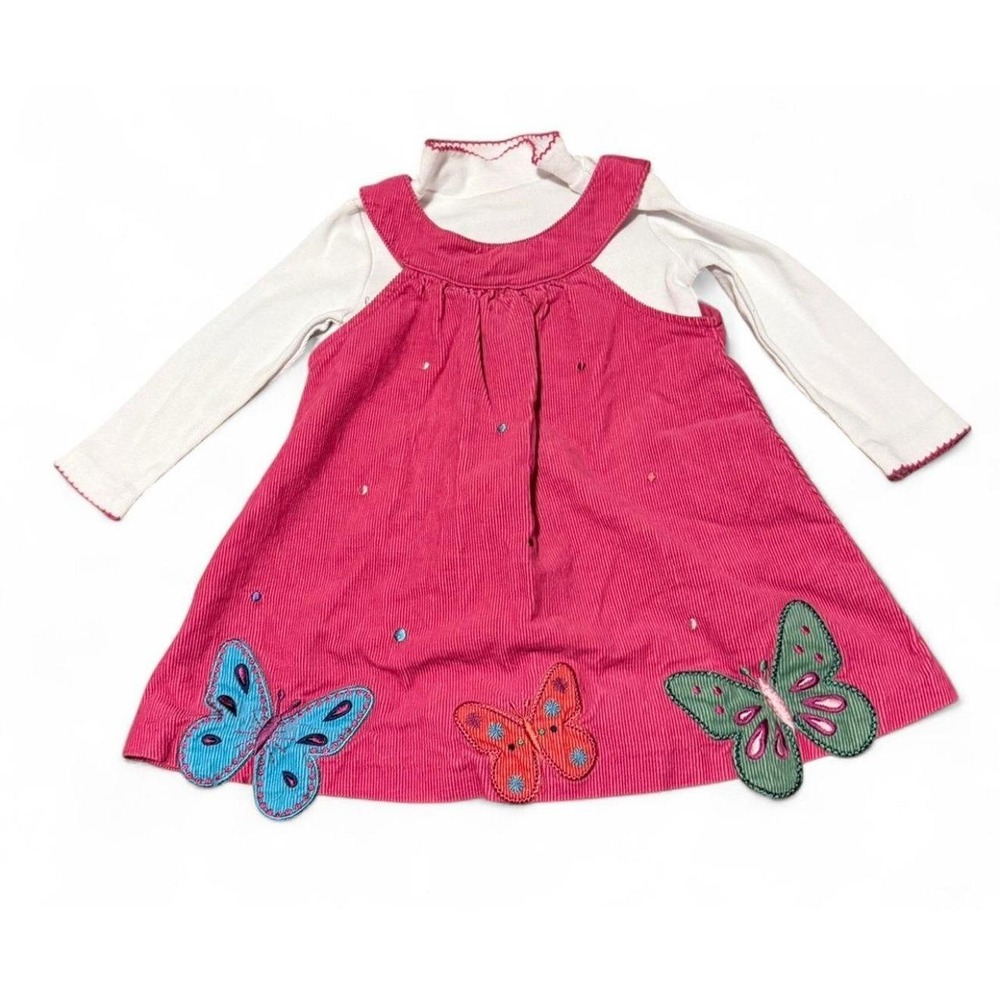 Bonnie Baby Girls Pink Corduroy Butterfly Jumper Dress Top Set 12 Months